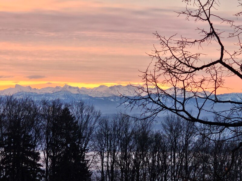 Atemberaubender Alpenblick bei Sonnenuntergang von der Tiefmatt über Oberbuchsiten – Panorama in der Region Solothurn