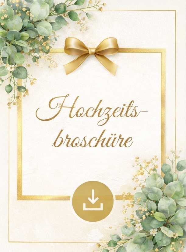 Goldene Hochzeitsbroschüre mit grünen Blättern zum Download für Hochzeiten auf der Tiefmatt in Oberbuchsiten
