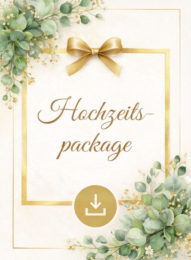 Goldenes Hochzeitspackage mit grünen floralen Akzenten zum Download für Hochzeiten auf der Tiefmatt